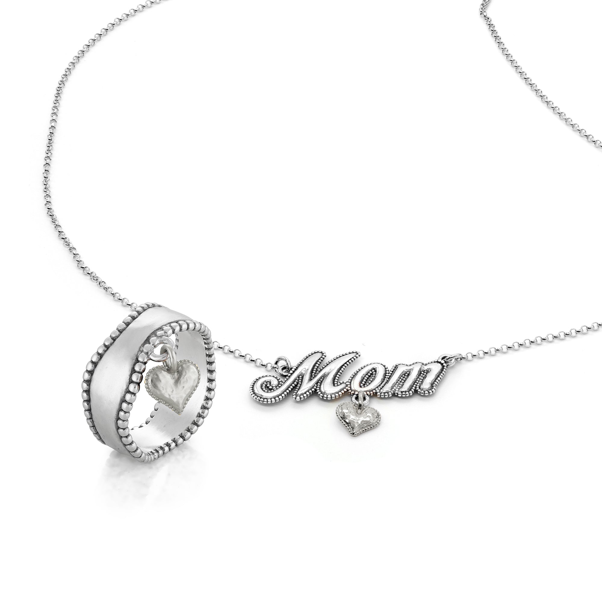 סט של טבעת צ'ארם לב ניתנת לחריטה ושרשרתMOM