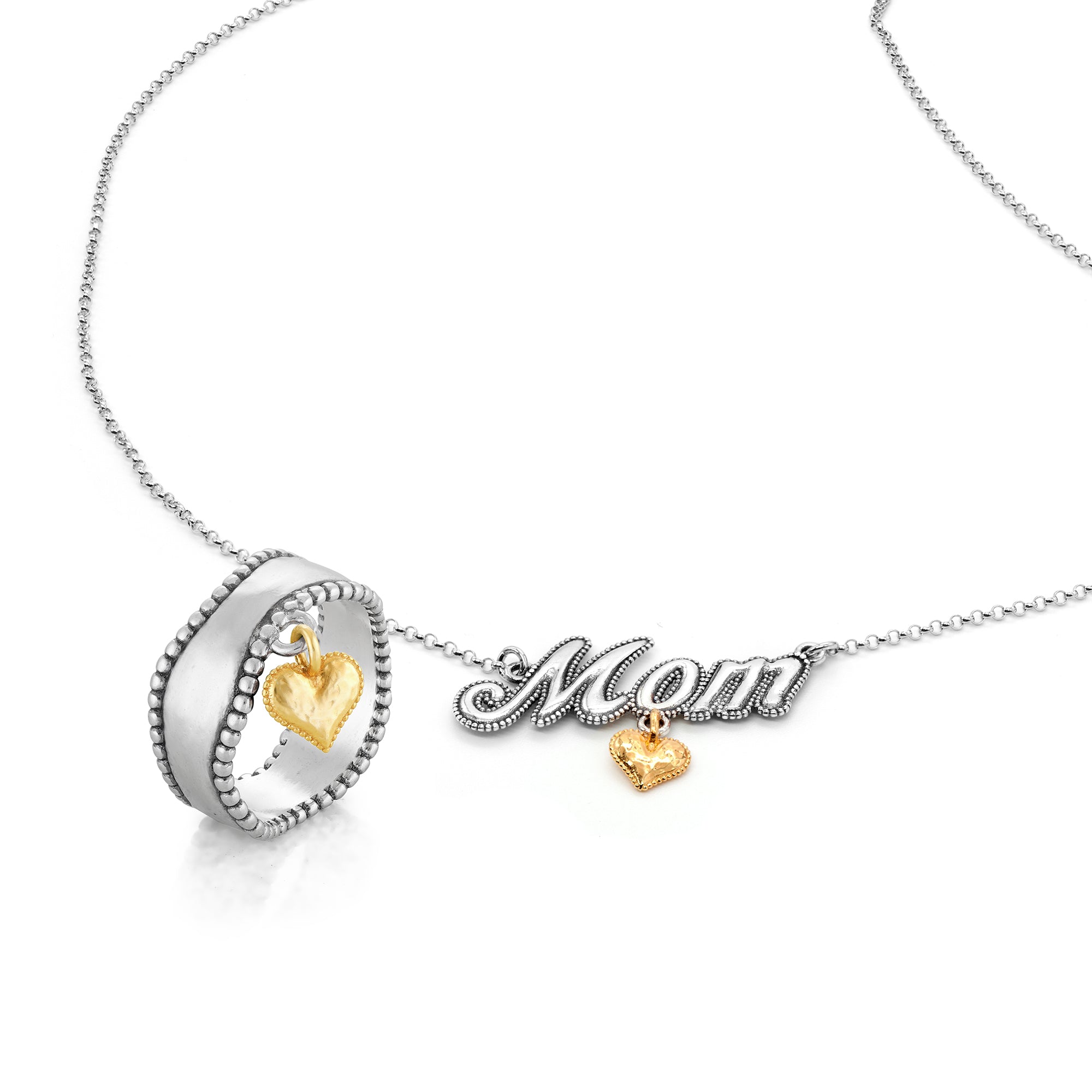 סט של טבעת צ'ארם לב ניתנת לחריטה ושרשרתMOM